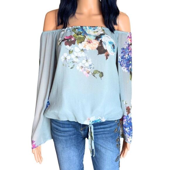 NWT Lavender Brown Women’s Floral Chiffon Off the Shoulder Blouse - Picture 2 of 6